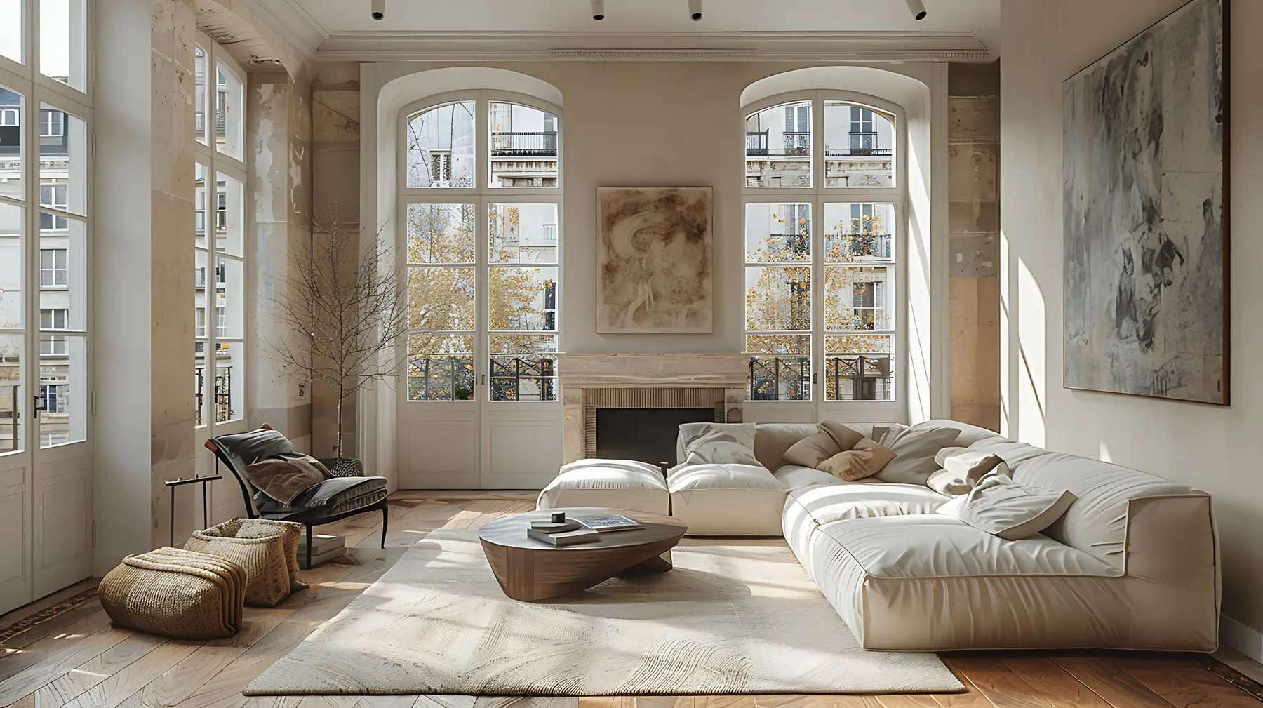 A bright Paris apartment with tall windows, parquet floors and Haussmann balconies beyond.